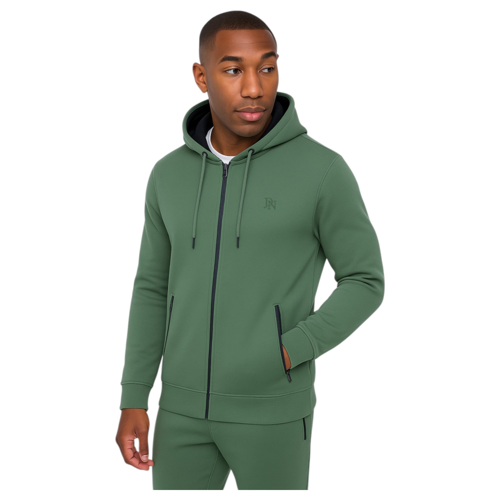 Men's JDN full zip hoodie in forest green blue with drawstring hood and side zip pockets